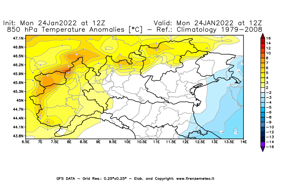 Mappa di analisi GFS - Anomalia Temperatura [°C] a 850 hPa in Nord-Italia
							del 24/01/2022 12 <!--googleoff: index-->UTC<!--googleon: index-->