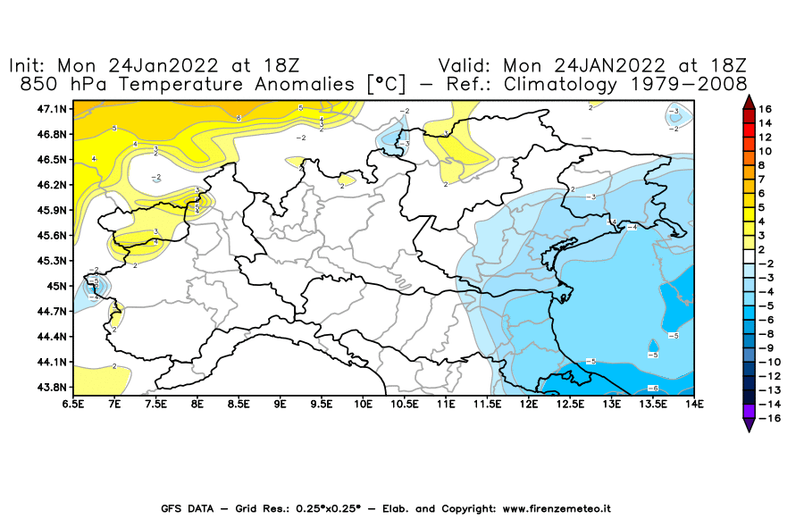Mappa di analisi GFS - Anomalia Temperatura [°C] a 850 hPa in Nord-Italia
							del 24/01/2022 18 <!--googleoff: index-->UTC<!--googleon: index-->