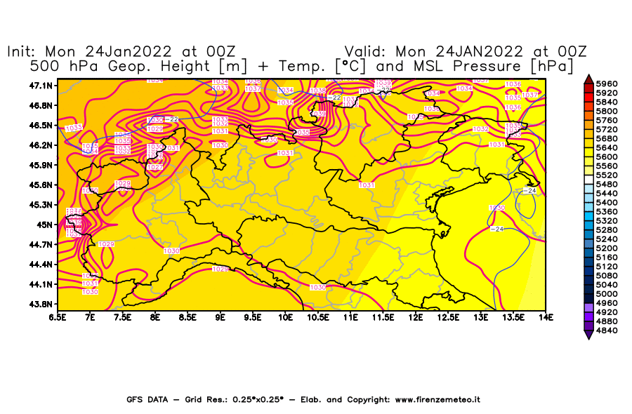 Mappa di analisi GFS - Geopotenziale [m] + Temp. [°C] a 500 hPa + Press. a livello del mare [hPa] in Nord-Italia
							del 24/01/2022 00 <!--googleoff: index-->UTC<!--googleon: index-->