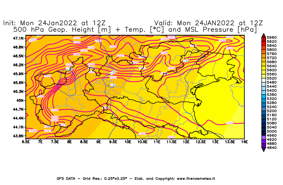 Mappa di analisi GFS - Geopotenziale [m] + Temp. [°C] a 500 hPa + Press. a livello del mare [hPa] in Nord-Italia
							del 24/01/2022 12 <!--googleoff: index-->UTC<!--googleon: index-->