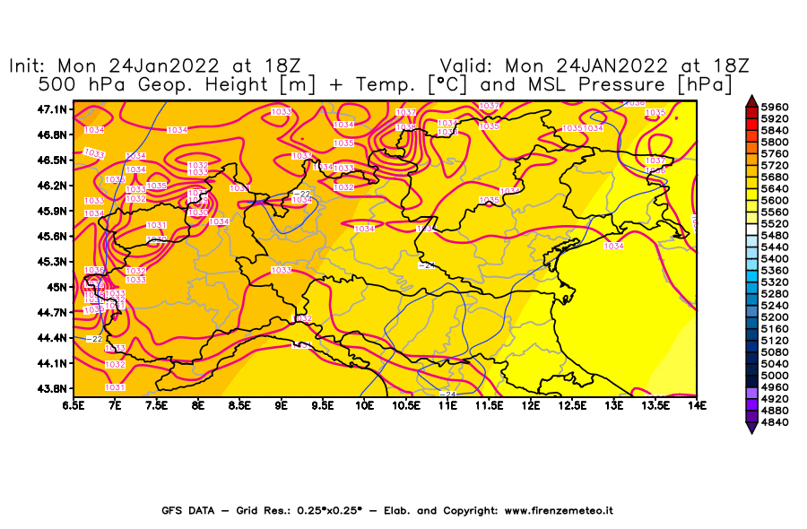 Mappa di analisi GFS - Geopotenziale [m] + Temp. [°C] a 500 hPa + Press. a livello del mare [hPa] in Nord-Italia
							del 24/01/2022 18 <!--googleoff: index-->UTC<!--googleon: index-->