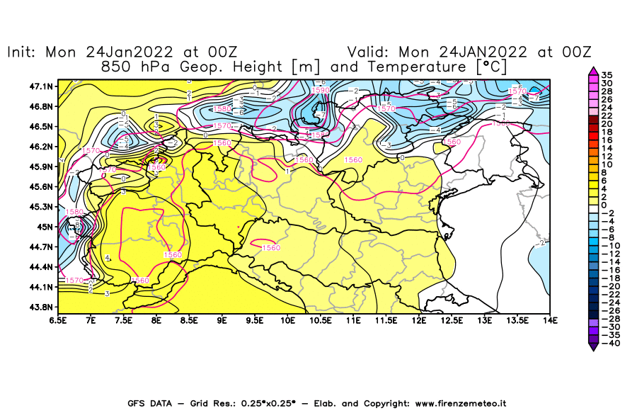 Mappa di analisi GFS - Geopotenziale [m] e Temperatura [°C] a 850 hPa in Nord-Italia
							del 24/01/2022 00 <!--googleoff: index-->UTC<!--googleon: index-->