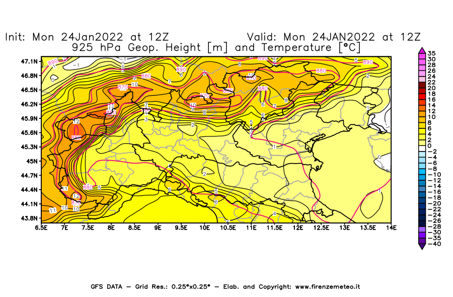 Mappa di analisi GFS - Geopotenziale [m] e Temperatura [°C] a 925 hPa in Nord-Italia
							del 24/01/2022 12 <!--googleoff: index-->UTC<!--googleon: index-->