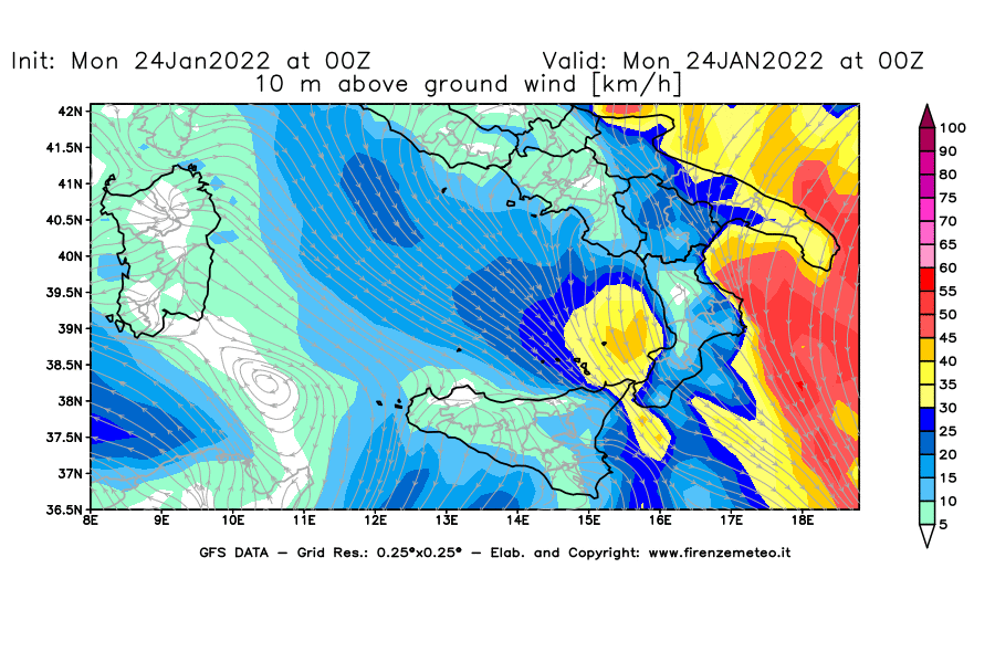 Mappa di analisi GFS - Velocità del vento a 10 metri dal suolo [km/h] in Sud-Italia
							del 24/01/2022 00 <!--googleoff: index-->UTC<!--googleon: index-->