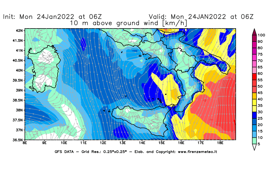 Mappa di analisi GFS - Velocità del vento a 10 metri dal suolo [km/h] in Sud-Italia
							del 24/01/2022 06 <!--googleoff: index-->UTC<!--googleon: index-->