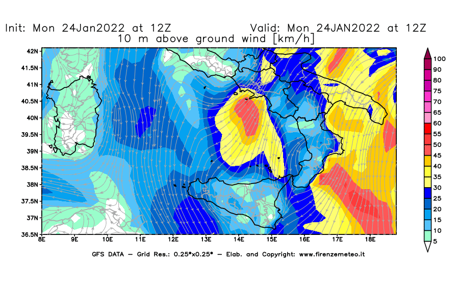 Mappa di analisi GFS - Velocità del vento a 10 metri dal suolo [km/h] in Sud-Italia
							del 24/01/2022 12 <!--googleoff: index-->UTC<!--googleon: index-->