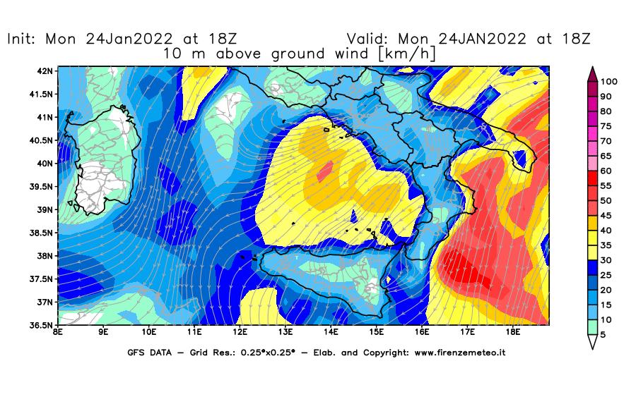 Mappa di analisi GFS - Velocità del vento a 10 metri dal suolo [km/h] in Sud-Italia
							del 24/01/2022 18 <!--googleoff: index-->UTC<!--googleon: index-->