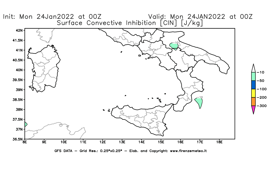 Mappa di analisi GFS - CIN [J/kg] in Sud-Italia
							del 24/01/2022 00 <!--googleoff: index-->UTC<!--googleon: index-->