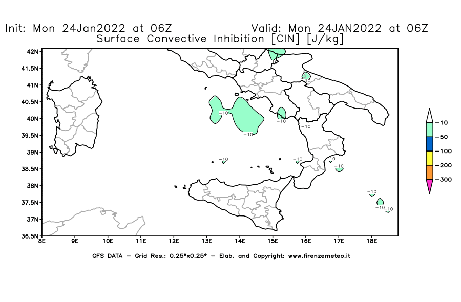 Mappa di analisi GFS - CIN [J/kg] in Sud-Italia
							del 24/01/2022 06 <!--googleoff: index-->UTC<!--googleon: index-->