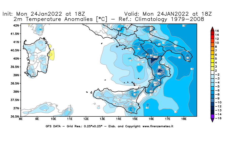 Mappa di analisi GFS - Anomalia Temperatura [°C] a 2 m in Sud-Italia
							del 24/01/2022 18 <!--googleoff: index-->UTC<!--googleon: index-->