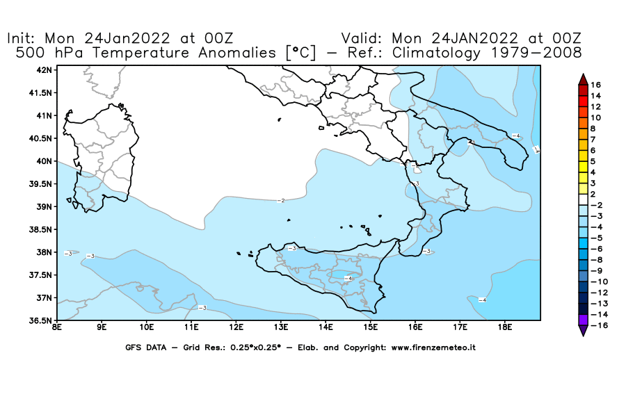 Mappa di analisi GFS - Anomalia Temperatura [°C] a 500 hPa in Sud-Italia
							del 24/01/2022 00 <!--googleoff: index-->UTC<!--googleon: index-->