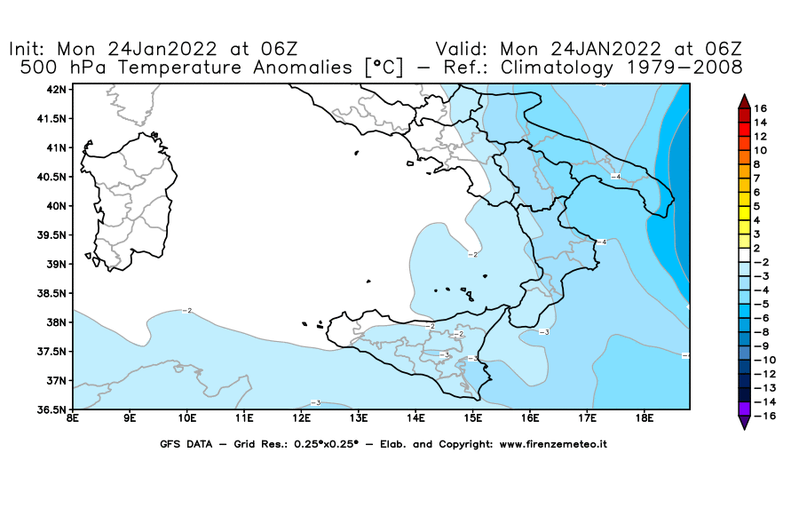 Mappa di analisi GFS - Anomalia Temperatura [°C] a 500 hPa in Sud-Italia
							del 24/01/2022 06 <!--googleoff: index-->UTC<!--googleon: index-->