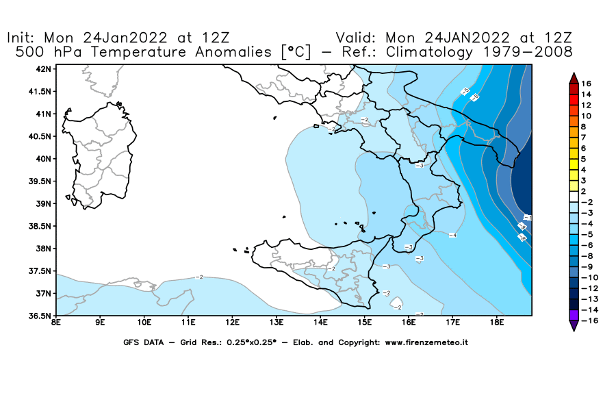 Mappa di analisi GFS - Anomalia Temperatura [°C] a 500 hPa in Sud-Italia
							del 24/01/2022 12 <!--googleoff: index-->UTC<!--googleon: index-->