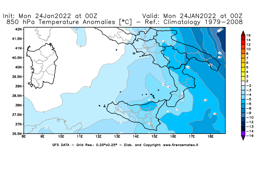 Mappa di analisi GFS - Anomalia Temperatura [°C] a 850 hPa in Sud-Italia
							del 24/01/2022 00 <!--googleoff: index-->UTC<!--googleon: index-->