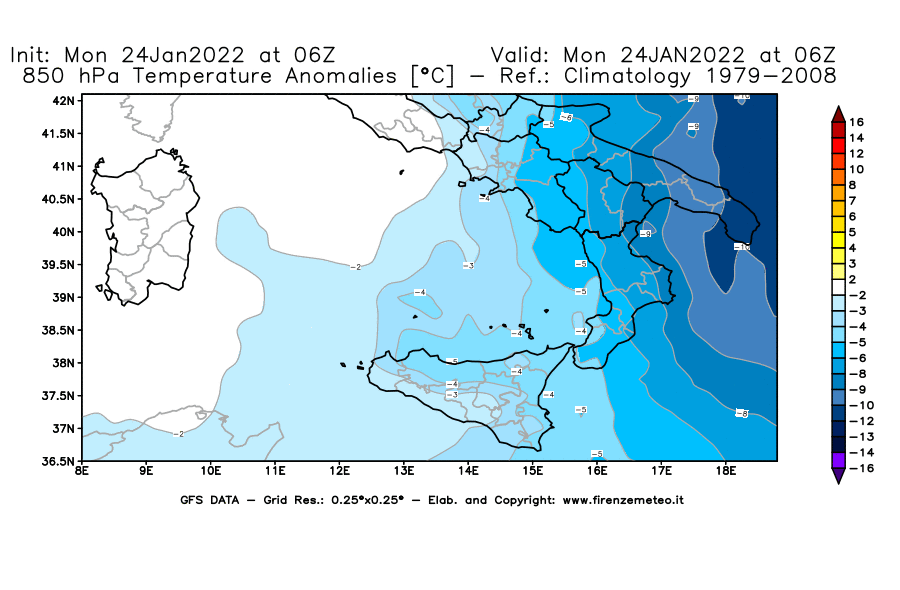 Mappa di analisi GFS - Anomalia Temperatura [°C] a 850 hPa in Sud-Italia
							del 24/01/2022 06 <!--googleoff: index-->UTC<!--googleon: index-->