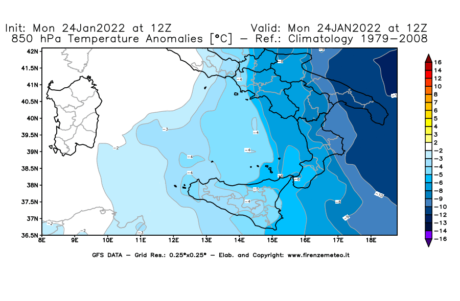 Mappa di analisi GFS - Anomalia Temperatura [°C] a 850 hPa in Sud-Italia
							del 24/01/2022 12 <!--googleoff: index-->UTC<!--googleon: index-->