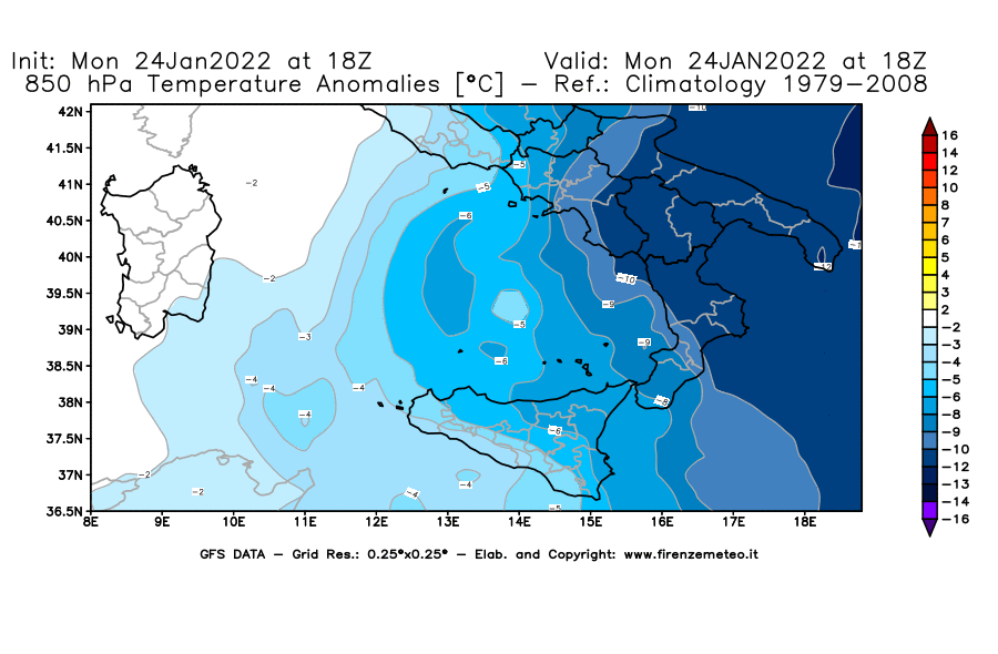 Mappa di analisi GFS - Anomalia Temperatura [°C] a 850 hPa in Sud-Italia
							del 24/01/2022 18 <!--googleoff: index-->UTC<!--googleon: index-->