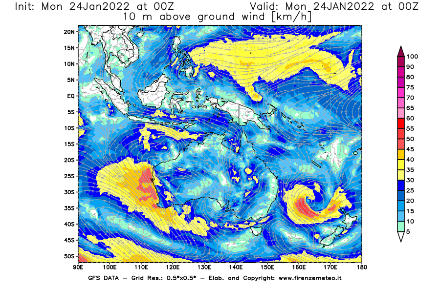 Mappa di analisi GFS - Velocità del vento a 10 metri dal suolo [km/h] in Oceania
							del 24/01/2022 00 <!--googleoff: index-->UTC<!--googleon: index-->