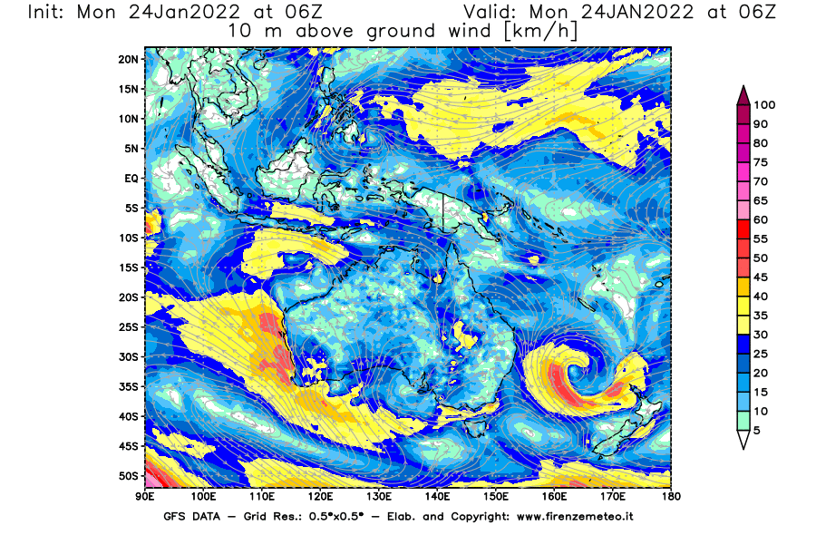 Mappa di analisi GFS - Velocità del vento a 10 metri dal suolo [km/h] in Oceania
							del 24/01/2022 06 <!--googleoff: index-->UTC<!--googleon: index-->