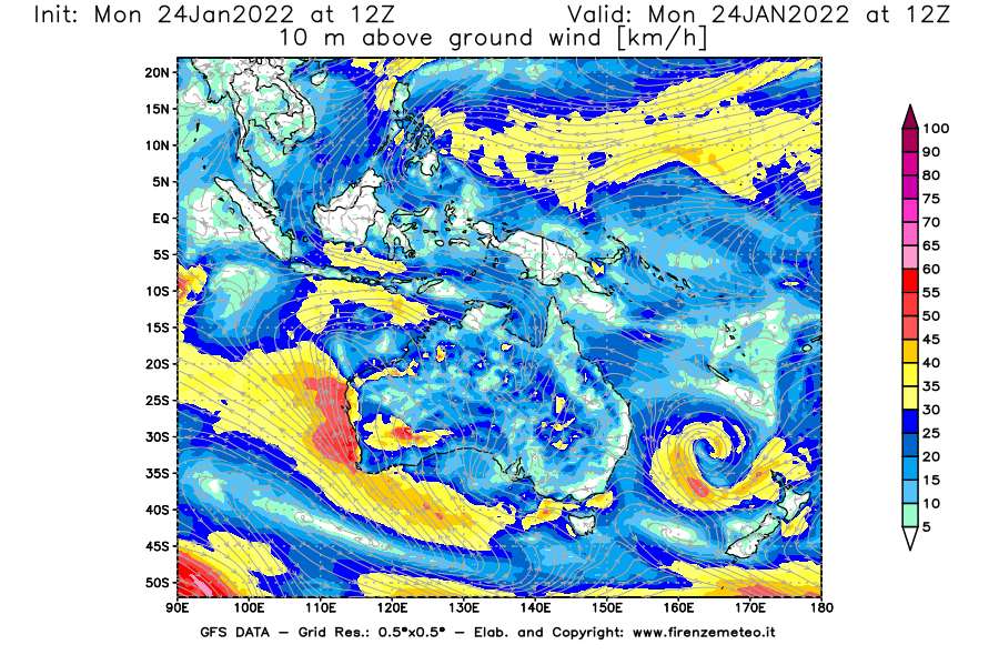 Mappa di analisi GFS - Velocità del vento a 10 metri dal suolo [km/h] in Oceania
							del 24/01/2022 12 <!--googleoff: index-->UTC<!--googleon: index-->