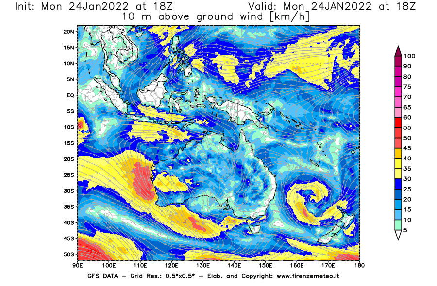 Mappa di analisi GFS - Velocità del vento a 10 metri dal suolo [km/h] in Oceania
							del 24/01/2022 18 <!--googleoff: index-->UTC<!--googleon: index-->