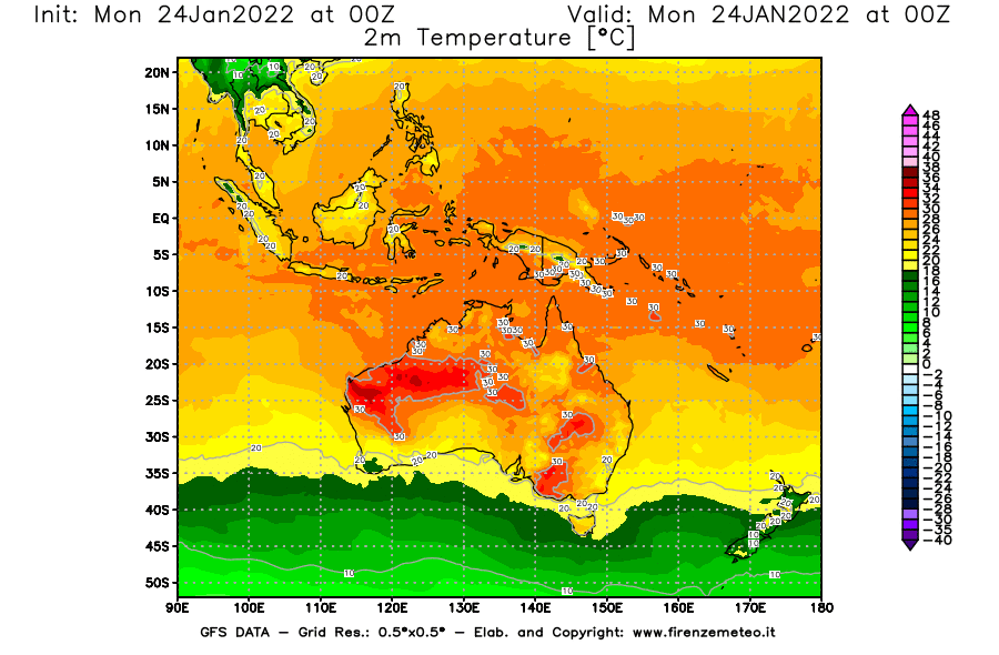 Mappa di analisi GFS - Temperatura a 2 metri dal suolo [°C] in Oceania
							del 24/01/2022 00 <!--googleoff: index-->UTC<!--googleon: index-->