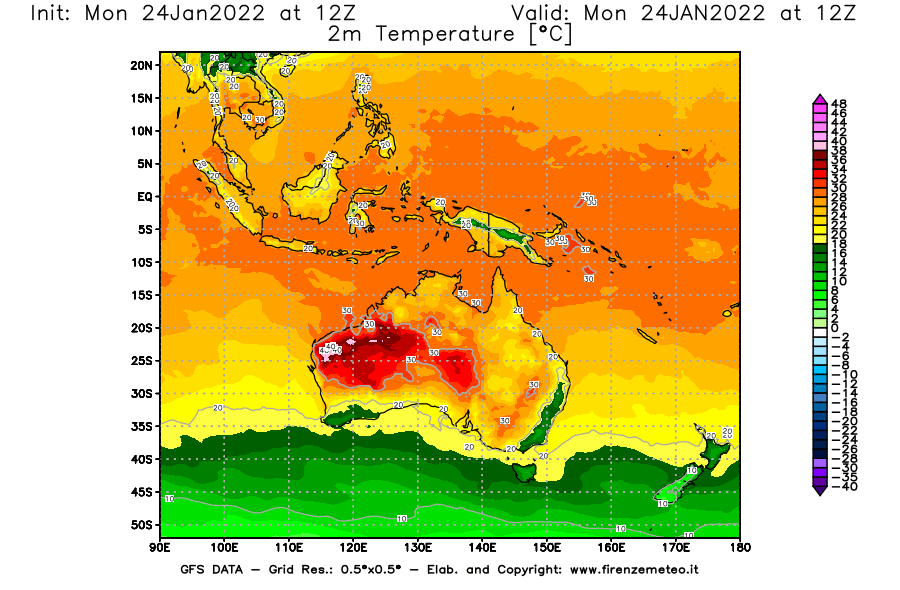 Mappa di analisi GFS - Temperatura a 2 metri dal suolo [°C] in Oceania
							del 24/01/2022 12 <!--googleoff: index-->UTC<!--googleon: index-->