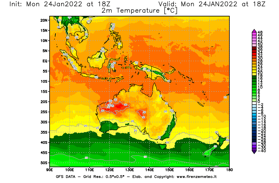 Mappa di analisi GFS - Temperatura a 2 metri dal suolo [°C] in Oceania
							del 24/01/2022 18 <!--googleoff: index-->UTC<!--googleon: index-->