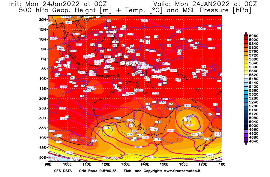 Mappa di analisi GFS - Geopotenziale [m] + Temp. [°C] a 500 hPa + Press. a livello del mare [hPa] in Oceania
							del 24/01/2022 00 <!--googleoff: index-->UTC<!--googleon: index-->