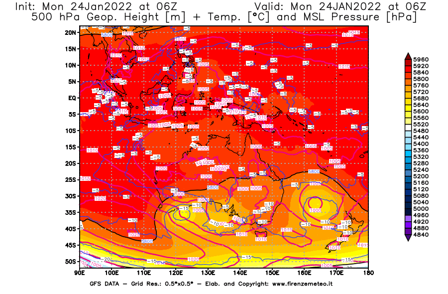 Mappa di analisi GFS - Geopotenziale [m] + Temp. [°C] a 500 hPa + Press. a livello del mare [hPa] in Oceania
							del 24/01/2022 06 <!--googleoff: index-->UTC<!--googleon: index-->