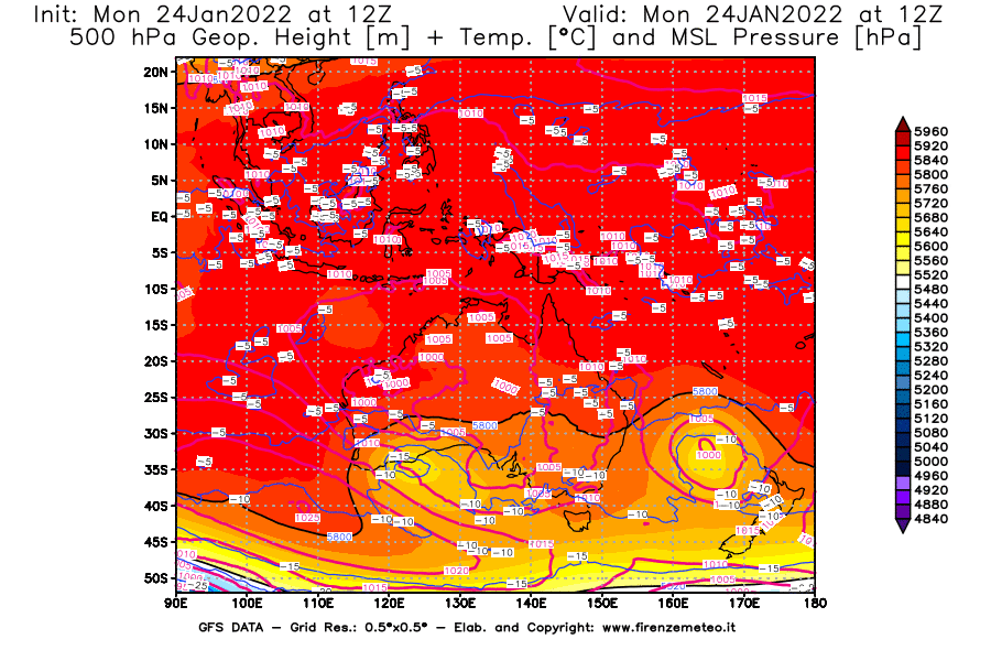 Mappa di analisi GFS - Geopotenziale [m] + Temp. [°C] a 500 hPa + Press. a livello del mare [hPa] in Oceania
							del 24/01/2022 12 <!--googleoff: index-->UTC<!--googleon: index-->