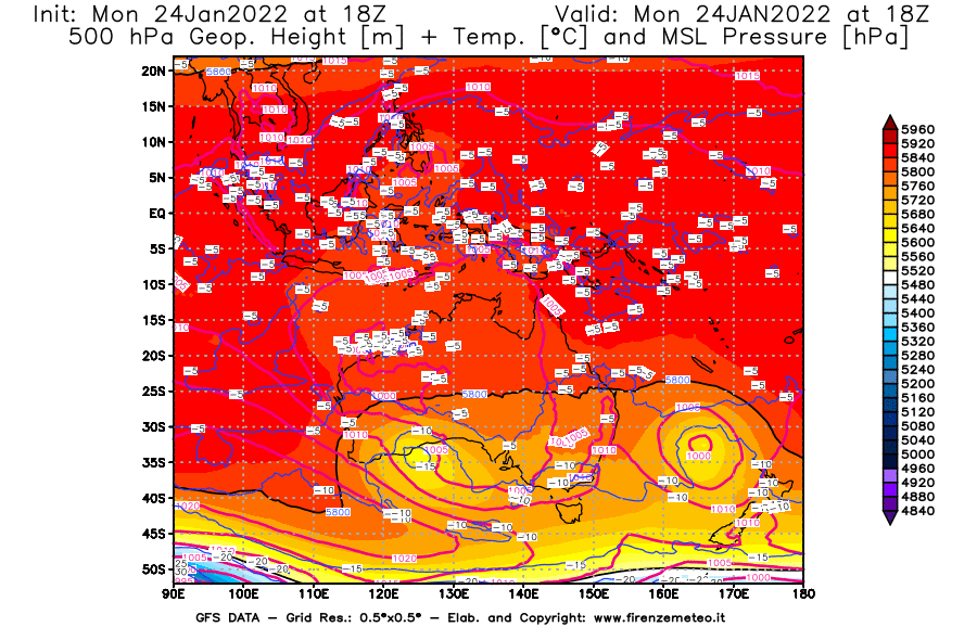 Mappa di analisi GFS - Geopotenziale [m] + Temp. [°C] a 500 hPa + Press. a livello del mare [hPa] in Oceania
							del 24/01/2022 18 <!--googleoff: index-->UTC<!--googleon: index-->