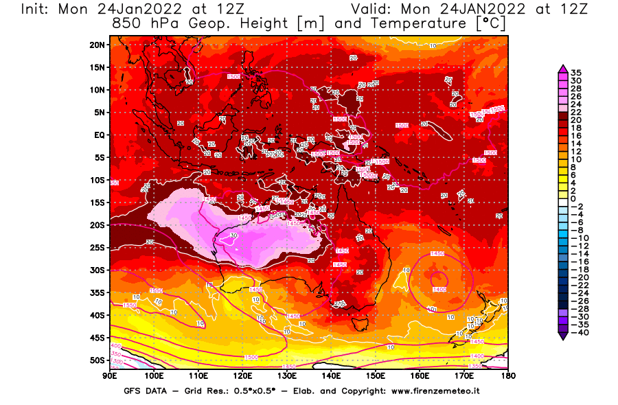 Mappa di analisi GFS - Geopotenziale [m] e Temperatura [°C] a 850 hPa in Oceania
							del 24/01/2022 12 <!--googleoff: index-->UTC<!--googleon: index-->