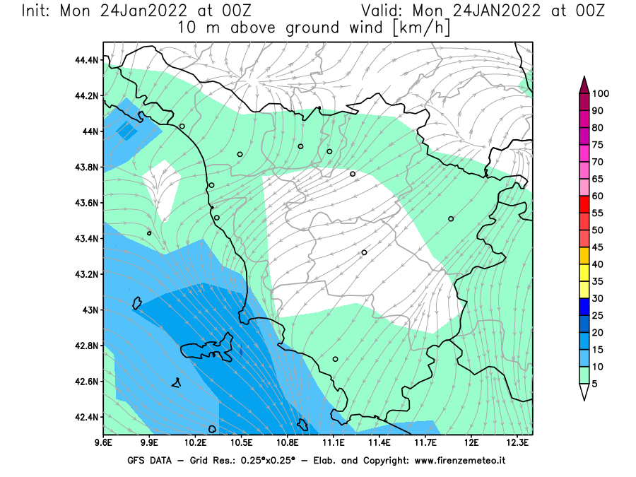 Mappa di analisi GFS - Velocità del vento a 10 metri dal suolo [km/h] in Toscana
							del 24/01/2022 00 <!--googleoff: index-->UTC<!--googleon: index-->