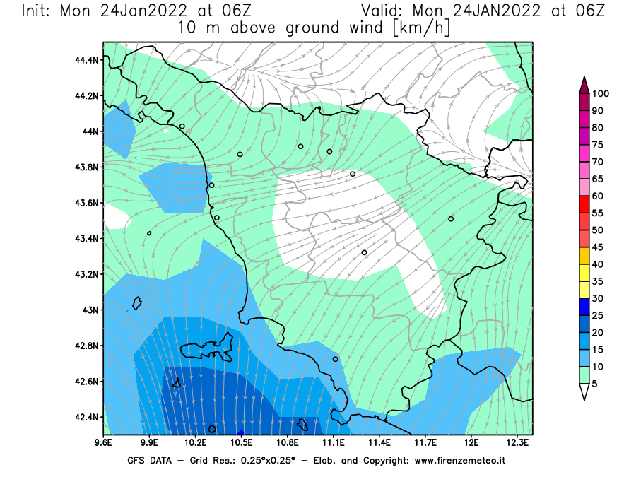 Mappa di analisi GFS - Velocità del vento a 10 metri dal suolo [km/h] in Toscana
							del 24/01/2022 06 <!--googleoff: index-->UTC<!--googleon: index-->
