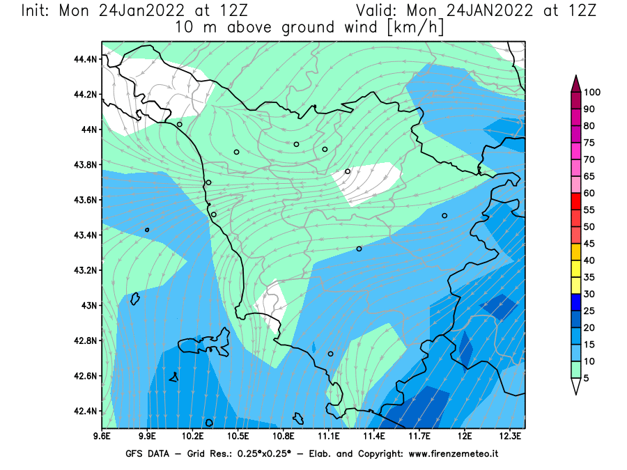 Mappa di analisi GFS - Velocità del vento a 10 metri dal suolo [km/h] in Toscana
							del 24/01/2022 12 <!--googleoff: index-->UTC<!--googleon: index-->