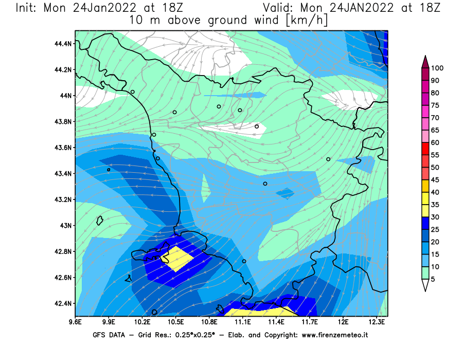 Mappa di analisi GFS - Velocità del vento a 10 metri dal suolo [km/h] in Toscana
							del 24/01/2022 18 <!--googleoff: index-->UTC<!--googleon: index-->