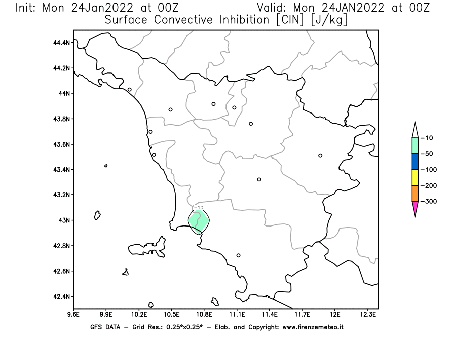 Mappa di analisi GFS - CIN [J/kg] in Toscana
							del 24/01/2022 00 <!--googleoff: index-->UTC<!--googleon: index-->