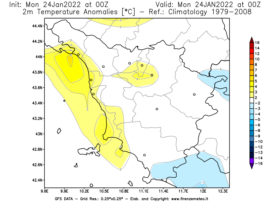 Mappa di analisi GFS - Anomalia Temperatura [°C] a 2 m in Toscana
							del 24/01/2022 00 <!--googleoff: index-->UTC<!--googleon: index-->