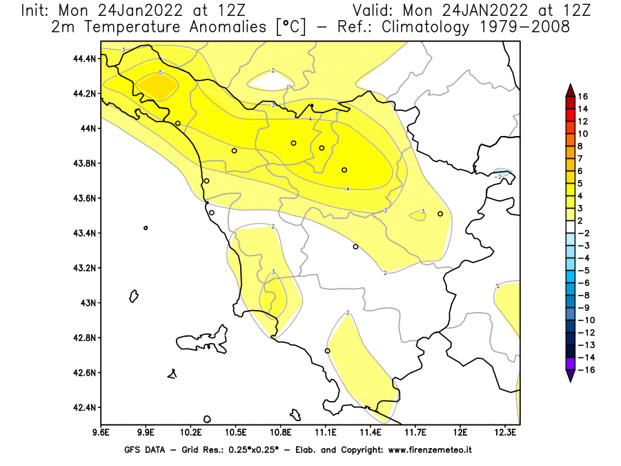 Mappa di analisi GFS - Anomalia Temperatura [°C] a 2 m in Toscana
							del 24/01/2022 12 <!--googleoff: index-->UTC<!--googleon: index-->