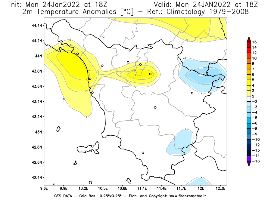 Mappa di analisi GFS - Anomalia Temperatura [°C] a 2 m in Toscana
							del 24/01/2022 18 <!--googleoff: index-->UTC<!--googleon: index-->