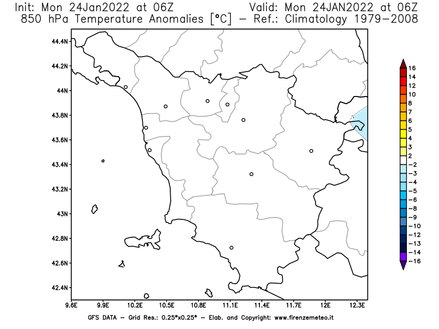 Mappa di analisi GFS - Anomalia Temperatura [°C] a 850 hPa in Toscana
							del 24/01/2022 06 <!--googleoff: index-->UTC<!--googleon: index-->