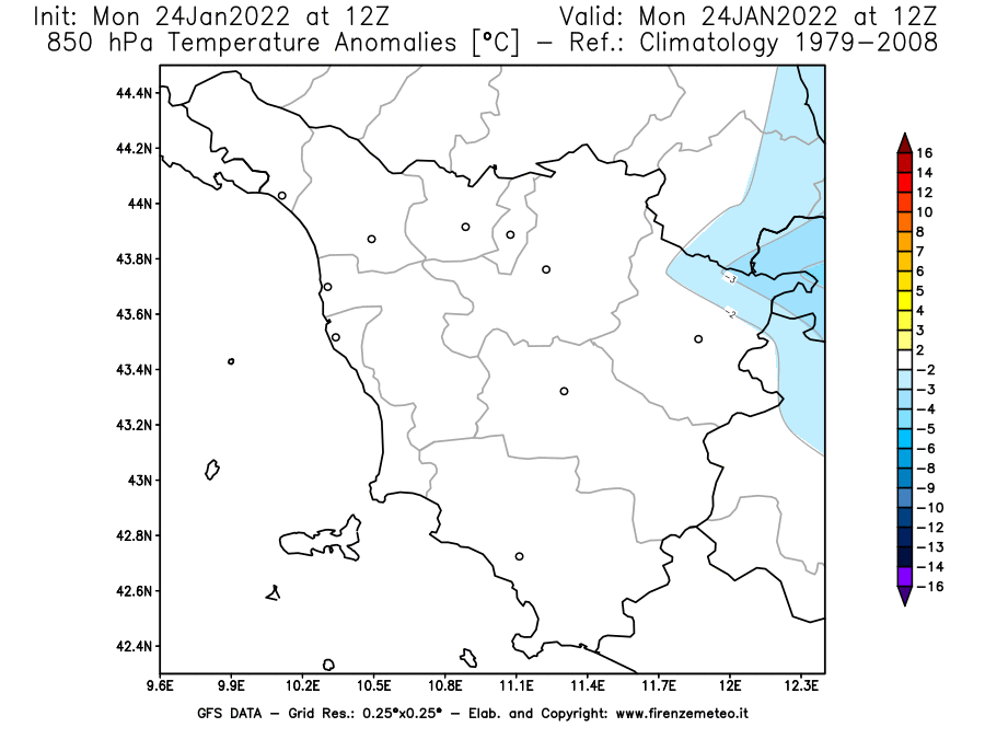 Mappa di analisi GFS - Anomalia Temperatura [°C] a 850 hPa in Toscana
							del 24/01/2022 12 <!--googleoff: index-->UTC<!--googleon: index-->