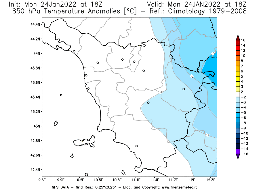Mappa di analisi GFS - Anomalia Temperatura [°C] a 850 hPa in Toscana
							del 24/01/2022 18 <!--googleoff: index-->UTC<!--googleon: index-->