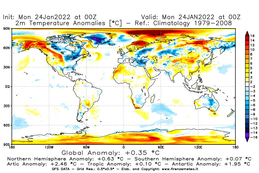 Mappa di analisi GFS - Anomalia Temperatura [°C] a 2 m in World
							del 24/01/2022 00 <!--googleoff: index-->UTC<!--googleon: index-->