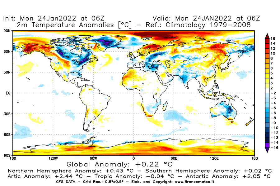 Mappa di analisi GFS - Anomalia Temperatura [°C] a 2 m in World
							del 24/01/2022 06 <!--googleoff: index-->UTC<!--googleon: index-->