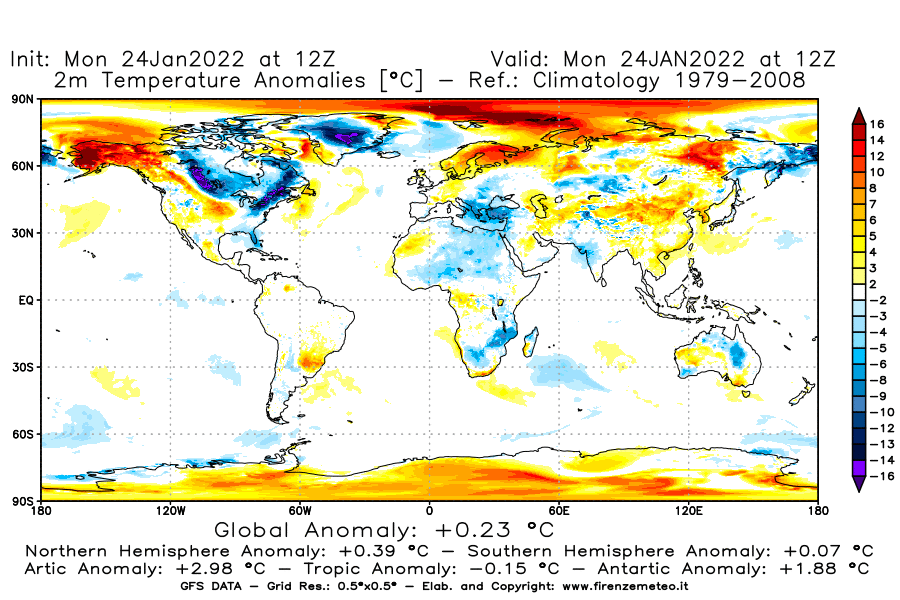 Mappa di analisi GFS - Anomalia Temperatura [°C] a 2 m in World
							del 24/01/2022 12 <!--googleoff: index-->UTC<!--googleon: index-->