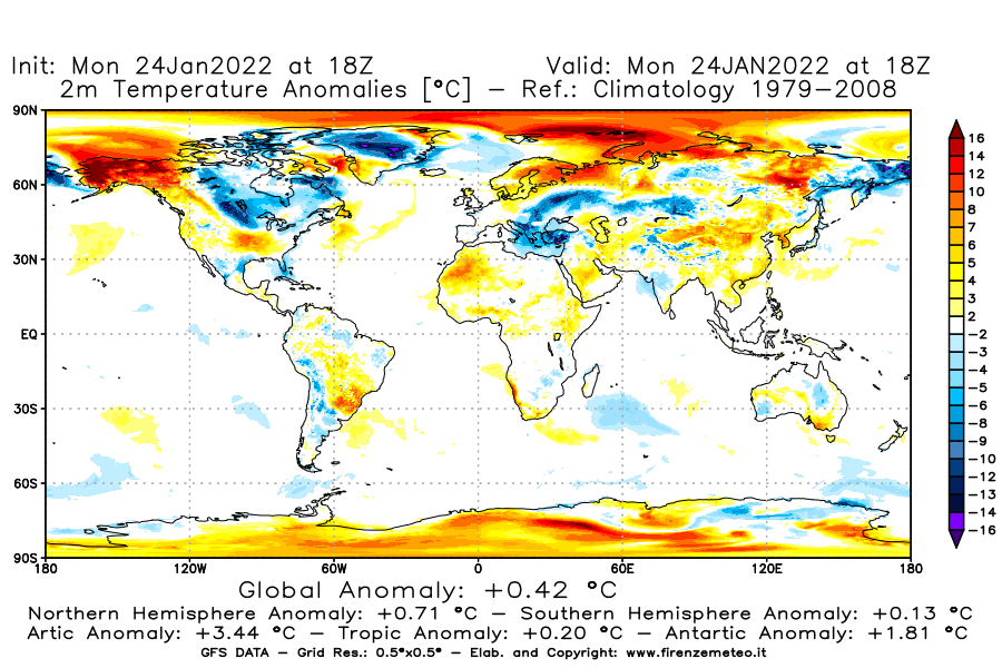 Mappa di analisi GFS - Anomalia Temperatura [°C] a 2 m in World
							del 24/01/2022 18 <!--googleoff: index-->UTC<!--googleon: index-->