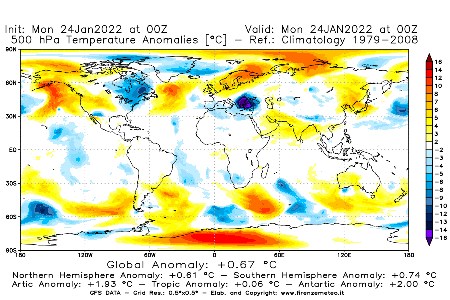 Mappa di analisi GFS - Anomalia Temperatura [°C] a 500 hPa in World
							del 24/01/2022 00 <!--googleoff: index-->UTC<!--googleon: index-->