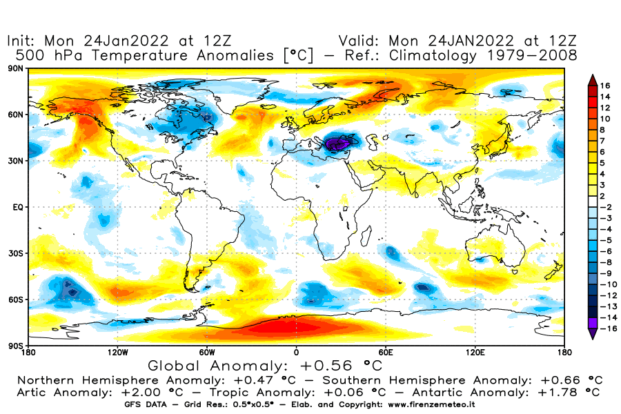 Mappa di analisi GFS - Anomalia Temperatura [°C] a 500 hPa in World
							del 24/01/2022 12 <!--googleoff: index-->UTC<!--googleon: index-->
